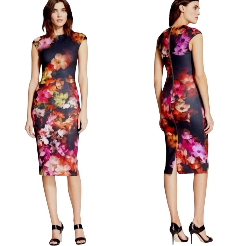 TED BAKER CATINA CASCADING FLORAL BLACK PINK FITTED CAP SLEEVE SHEATH DRESS